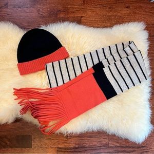 J. Crew Color Block Wool/Cashmere Navy/Salmon Cuffed Beanie and Scarf set